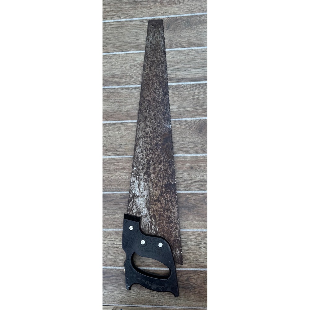 Vintage Henry Disston & Sons 26 inch Hand Saw Black Engraved Handle Rustic Tool